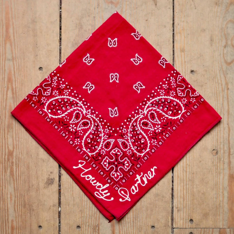 Chain Stitched Bandanas - red “howdy partner”