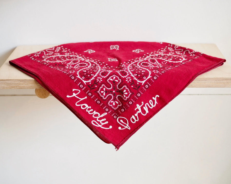 Chain Stitched Bandanas - red “howdy partner”