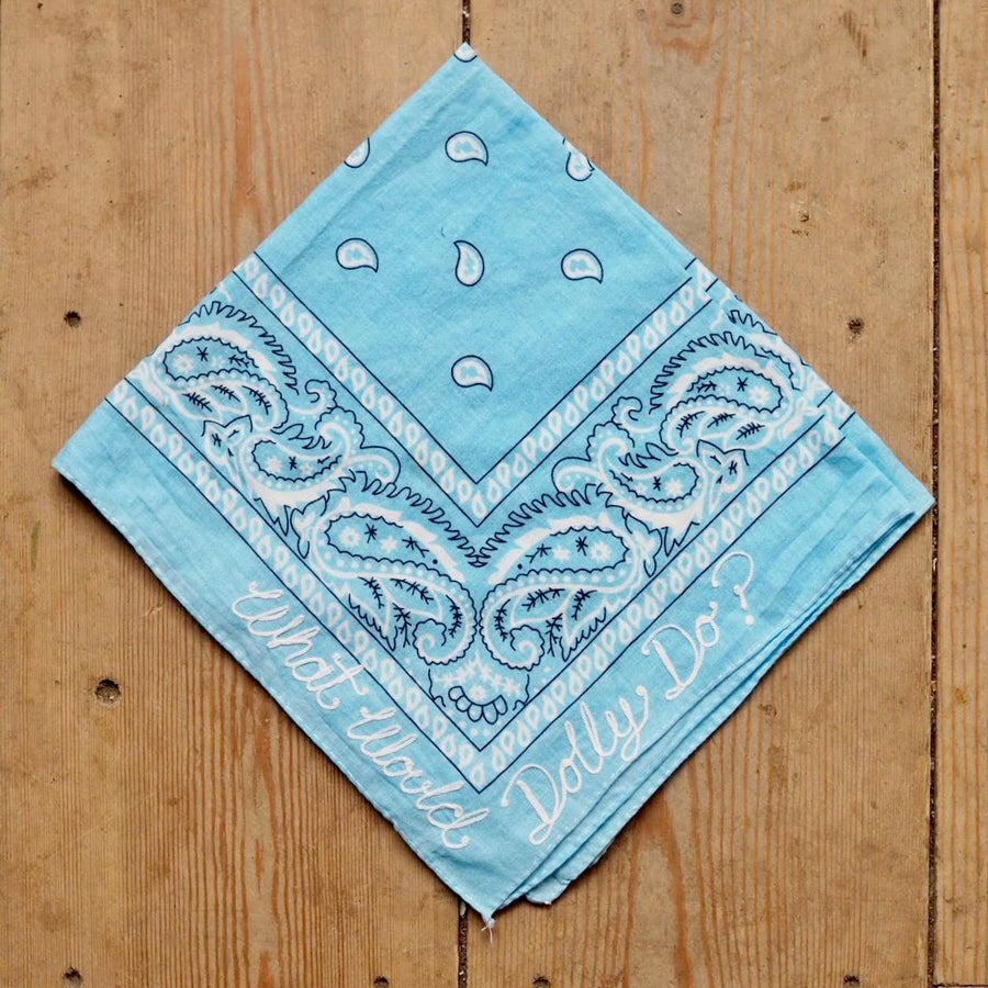 Chain Stitched Bandanas - light blue “what would Dolly do?”